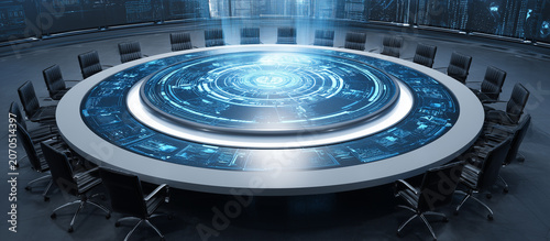 futuristic conference room with circular table display