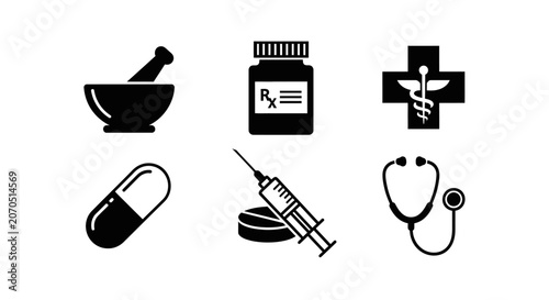 Black and white icons of office supplies and tools.