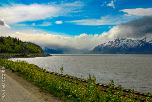Seward highway in Chugach mountains next to turnagain arm in Alaska.