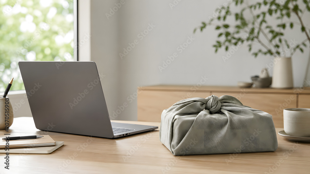Fototapeta premium Minimal remote work scene with laptop and sustainable furoshiki wrap