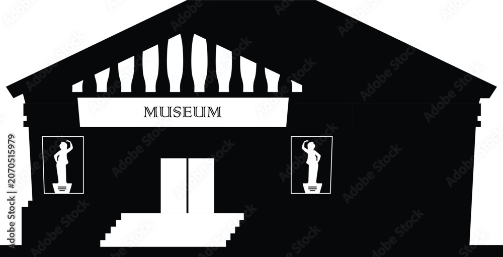Naklejka premium Museum building vector black silhouette, cartoon historical architecture construction with signboard, statue and columns
