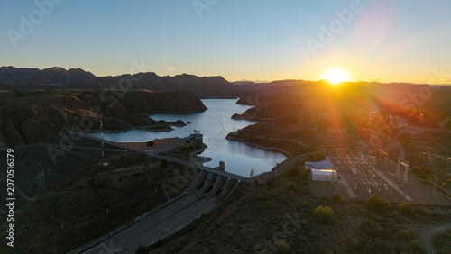 Aerial view of Los Reyunos dam and hydroelectric power plant at sunset, Mendoza, Argentina