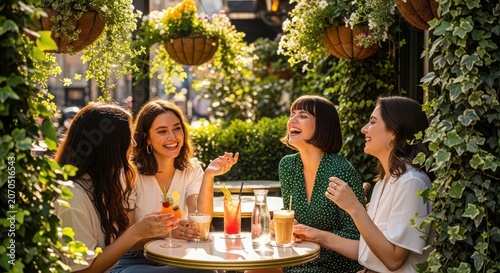 Four women enjoying drinks and conversation at an outdoor cafe table with greenery laughing
