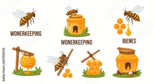 Beekeeping tools and honey harvest supplies on wooden surface.