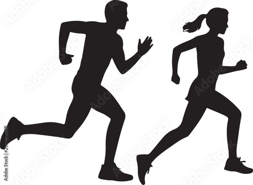 Black and White Running Couple Silhouette Vector