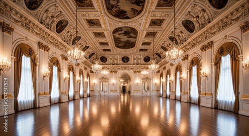 Grand empty ballroom with intricately decorated ceiling and chandeliers empty hall ornate ceiling
