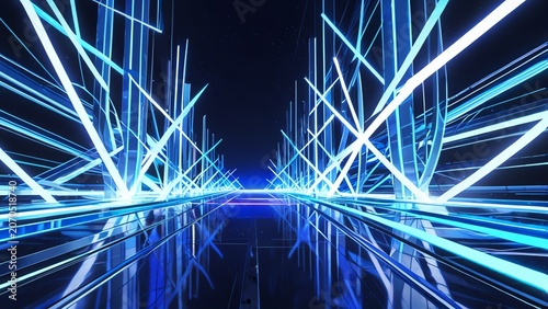 A dynamic abstract image showcasing illuminated blue lines radiating through a dark environment, creating a futuristic atmosphere that invites exploration and imagination.