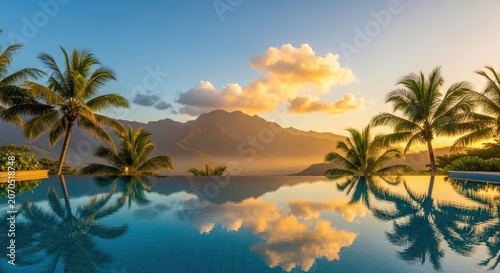 Infinity pool with palm trees and mountain backdrop at sunrise