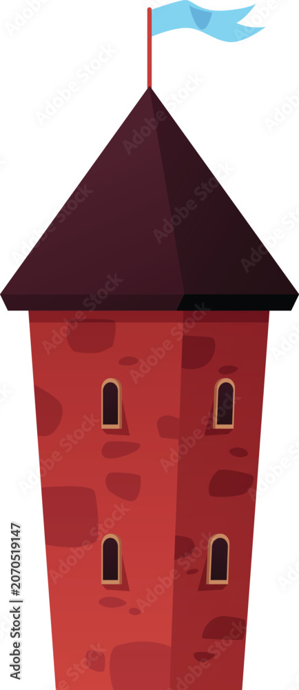 Naklejka premium Medieval castle tower with blue waving flag, vector cartoon mansion, vintage fortress castle, ancient stone palace