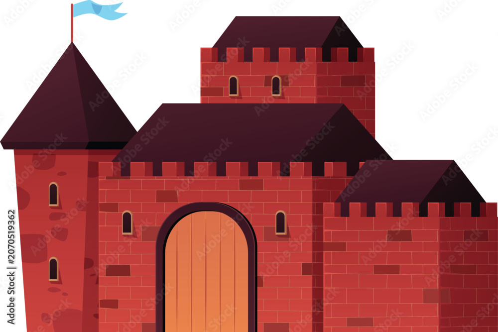 Naklejka premium Medieval castle with towers and blue waving flag, vector cartoon mansion, vintage fortress castle, ancient stone palace