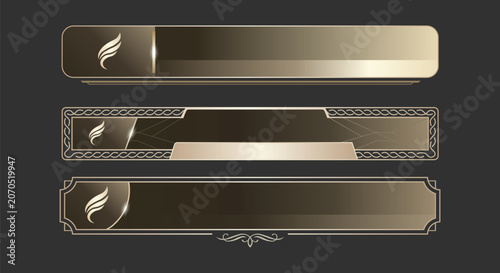 Elegant luxury golden lower third banners metallic gradients, ornate borders, geometric patterns, and sleek wing logos