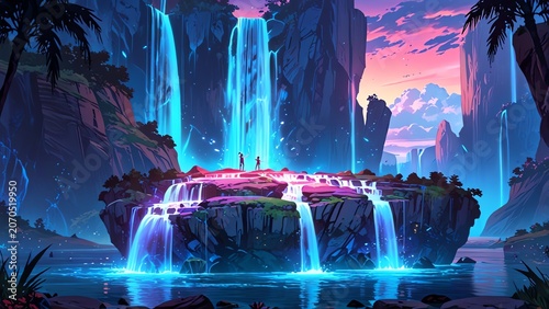A stunning digital artwork showcasing a mystical waterfall cascading over a rocky cliff under a vibrant sunset sky. Lush greenery surrounds the serene scene, inviting tranquility.