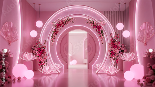 Elegant pink wedding archway with glowing neon lights and floral decorations in a modern luxurious hall for romantic event photography backdrop setup
