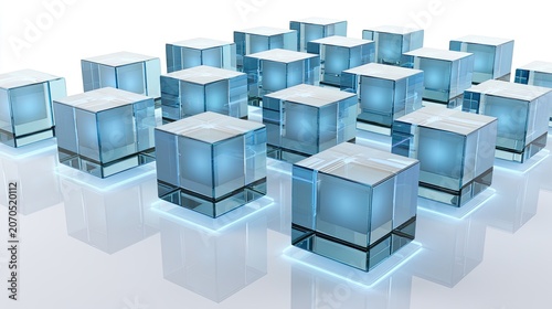 Transparent cubes with blue glow, arranged on a white surface