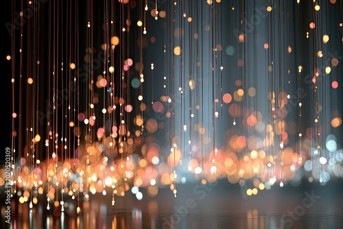 Glowing bokeh particles cascade down from dark threads, creating an ethereal, abstract light show