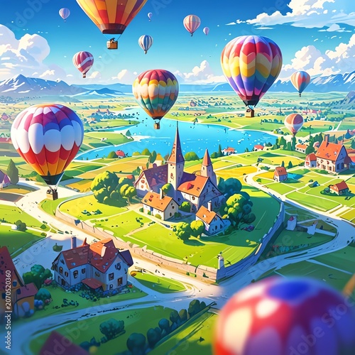 A stunning landscape featuring colorful hot air balloons floating over a picturesque village surrounded by lush fields and mountains, perfect for travel enthusiasts and adventure l