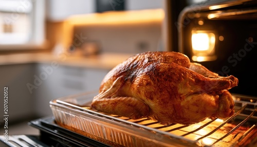 Golden brown poultry roasting in a hot oven, golden light illuminating kitchen