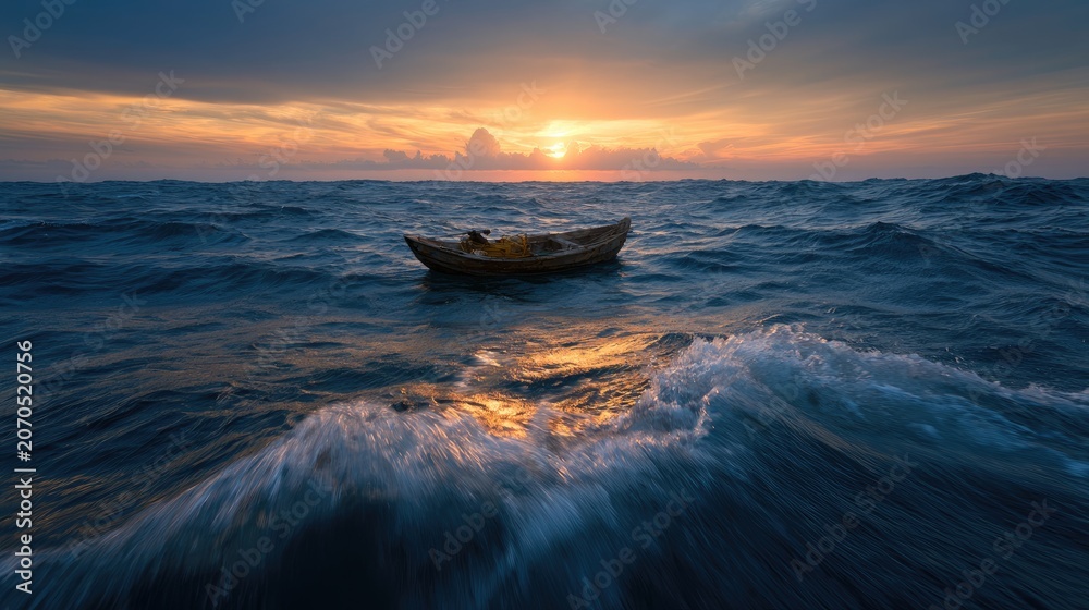 Naklejka premium Lonely wooden boat drifts on turbulent ocean waves at sunset