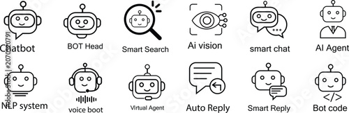 Artificial intelligence chatbot icons set with virtual assistant robot automation machine learning and customer support symbols isolated on transparent background.