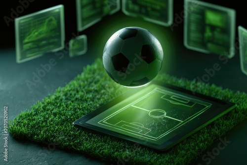 Floating soccer ball over illuminated field on tablet, holographic displays