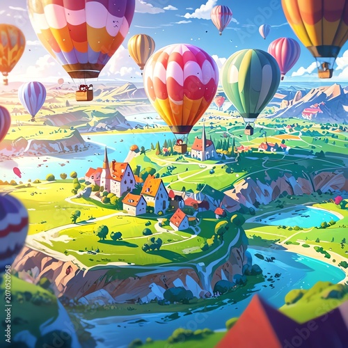 A vibrant aerial view of colorful hot air balloons floating over a picturesque village surrounded by lush green hills and a winding river, capturing the essence of adventure and fr