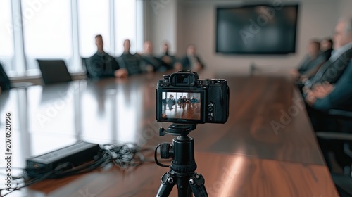 Camera records a business meeting in a modern boardroom