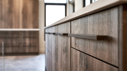 Close-up of wooden kitchen cabinets with minimalist handles