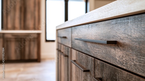 Close-up of rustic wood cabinetry with modern hardware in a bright kitchen