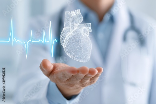 Physician presents holographic heart and EKG reading in palm
