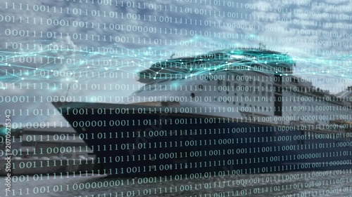 passenger ship with binary code animation overlay and a digital grid wave from nodes and lines in a harbor, artficial intelligence in maritime business