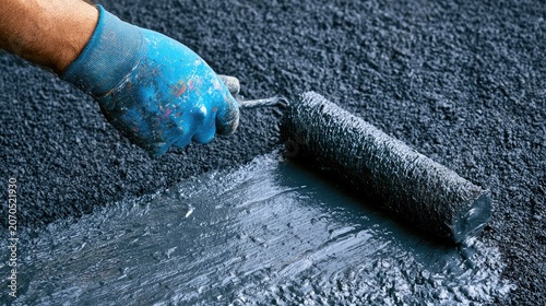 Hand in glove applies dark liquid with a roller to textured surface