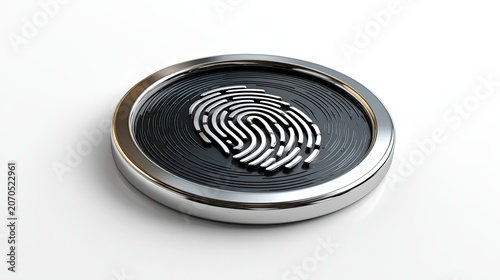 Metallic fingerprint emblem on white background.