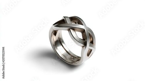 Elegant intertwined silver ring on white background.