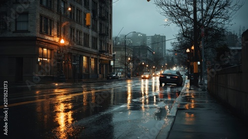 Rainy city street with glowing lights and reflections.