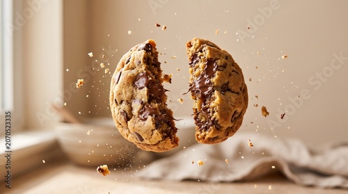 Levitation shot of a chocolate chip cookie breaking in half with gooey melted chocolate and crumbs in mid air