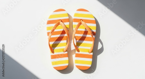 Orange yellow white striped flip flops arranged in a circle on white background sandals
