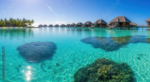 Overwater bungalows in turquoise lagoon with palm trees stilts turquoise water