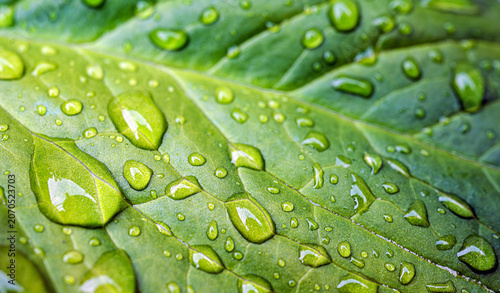 Obraz na plátne Multiple Rain Water Droplets on Bright Yellow Green Leaf, Vivid Macro Nature Bac