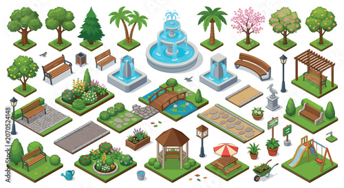 Fotografie Park Elements Vector Illustration With Trees Benches And A Fountain