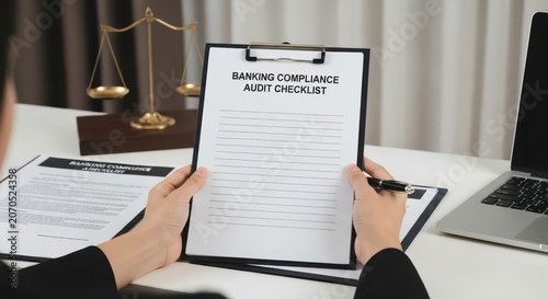Person holding a banking compliance audit checklist document with a pen, prepared for review and analysis in a professional office setting.