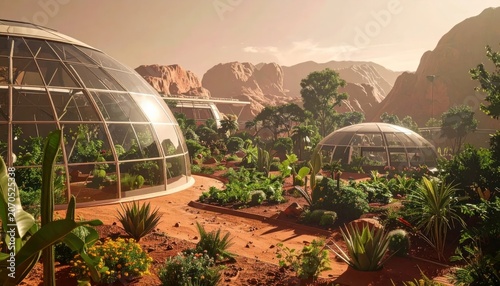 Futuristic greenhouse domes on Mars colony landscape.