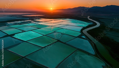 Aerial sunset over colorful, geometric salt flats with a winding waterway