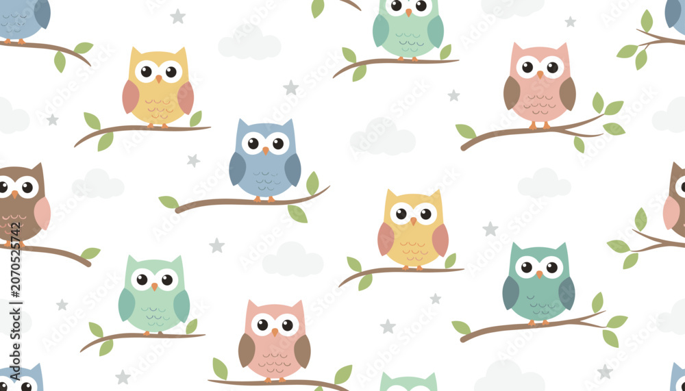 Fototapeta premium Cute seamless pattern with colorful owls sitting on tree branches with clouds and stars on white.