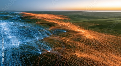 Aerial view of glowing trails of light over rolling hills at sunset