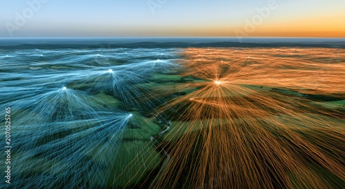 Aerial view of glowing network lines emanating from points across a landscape