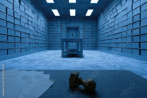 Blue, sterile room with shelves, a desk, and a stamp on floor