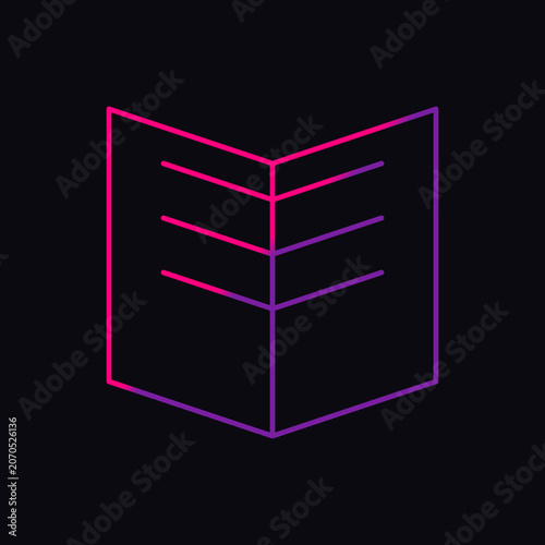 Glowing neon outline of an open book representing a decentralized digital distributed ledger technology concept illustration