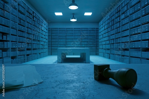 Dimly lit archive room with rows of shelves, a central table, and a stamp