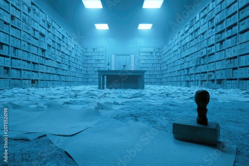 Vast archive of records, desk, and stamp in blue-lit, dusty room