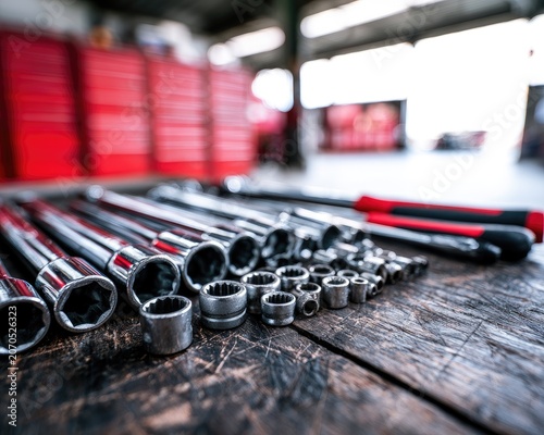 Assortment of metallic wrenches and tools laid out on a wooden surface